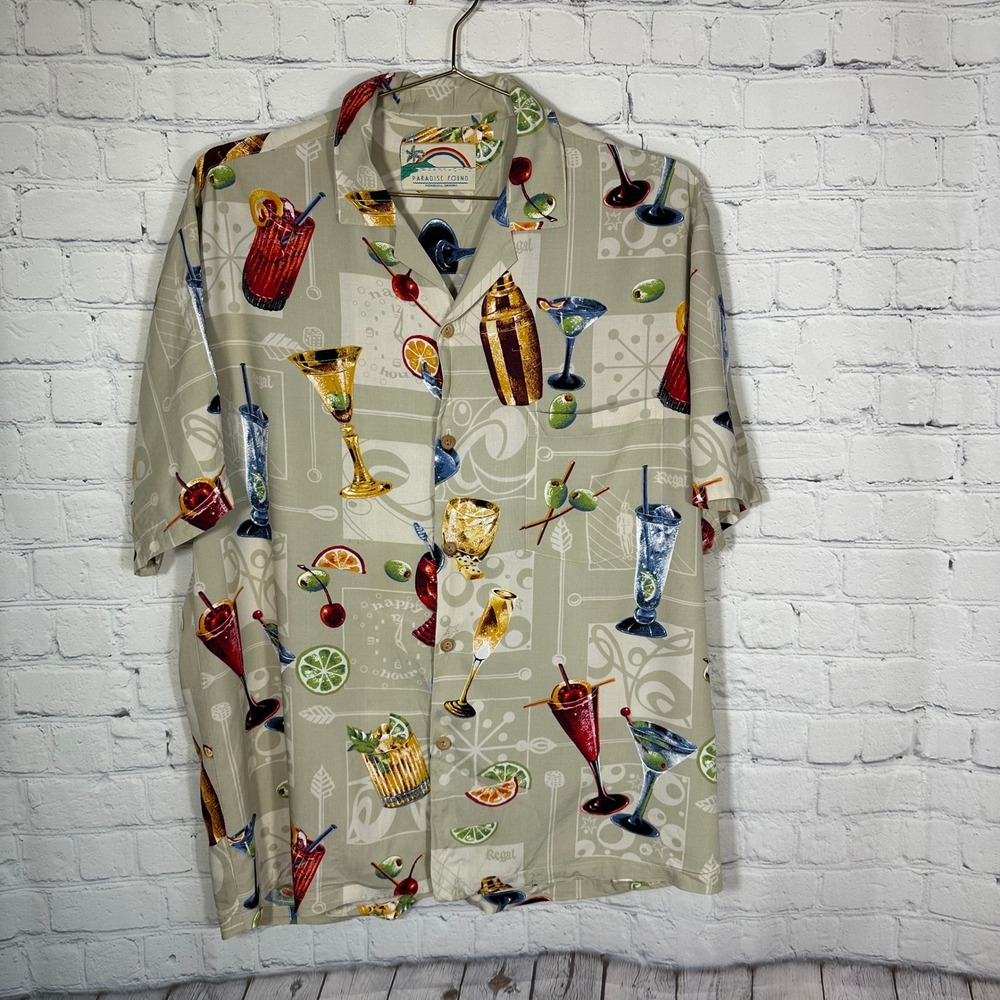 Paradise Found‎ Mens Cocktail Martini Print Aloha Hawaiian Shirt Tan Large 9730